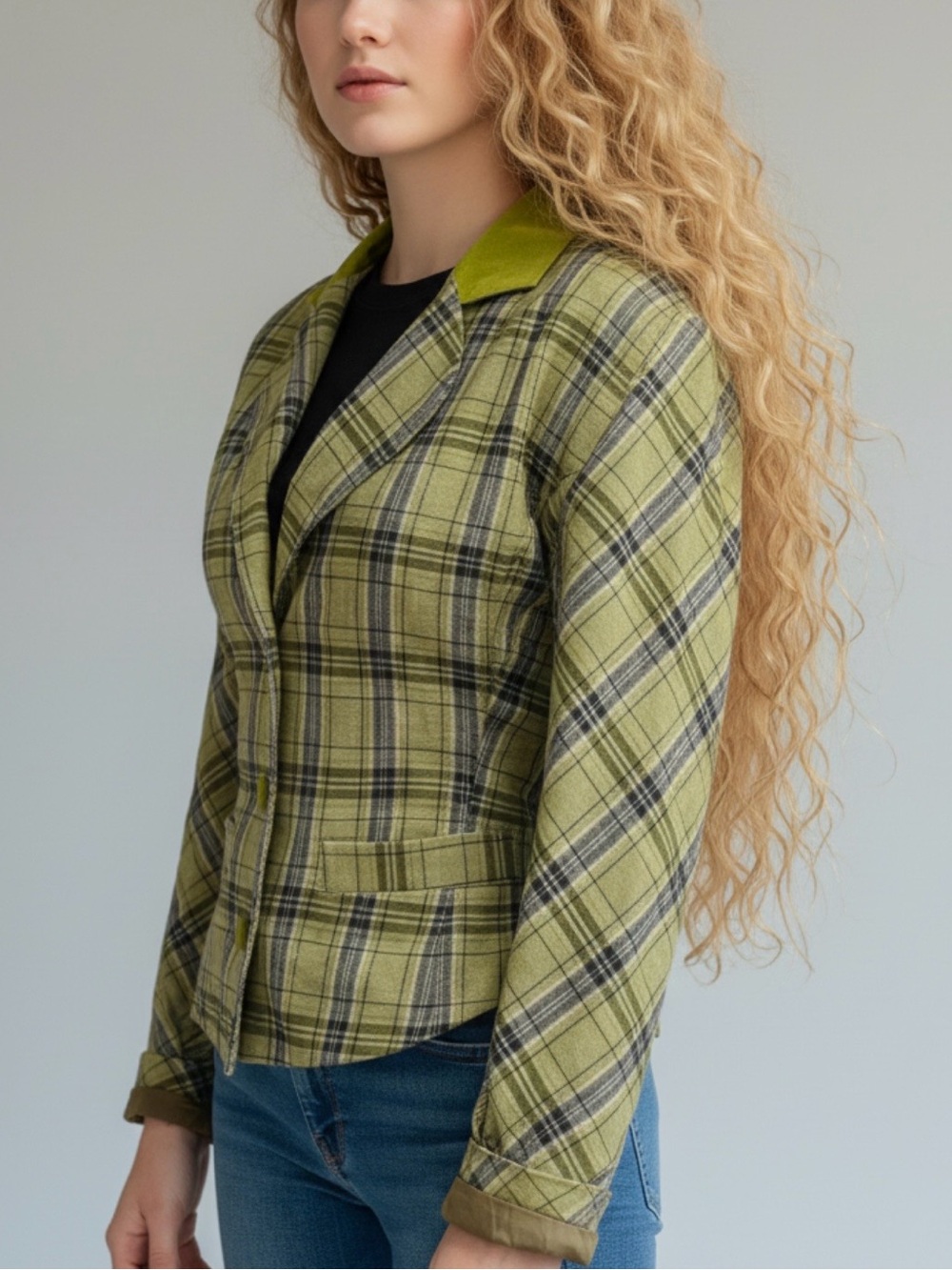 TREND- Green Plaid Blazer with Lime Collar
